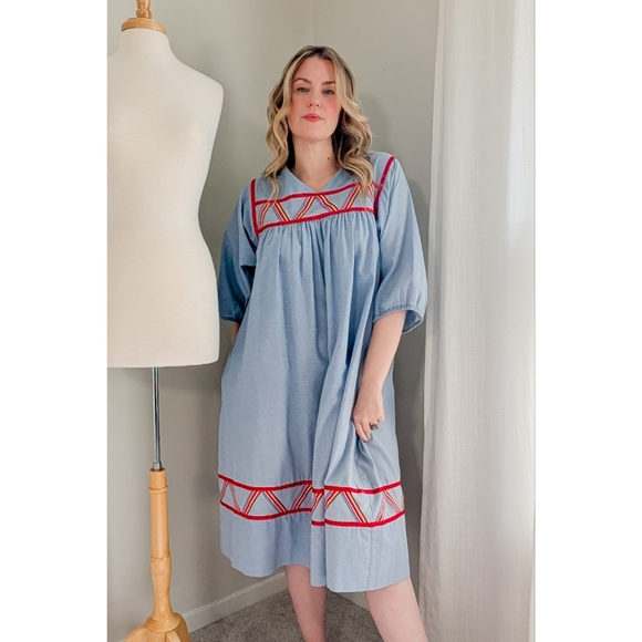 70s Blue Krist Gudnason for Rainbow Trim Cotton 1970s Vintage Midi Shift Dress - Picture 2 of 15